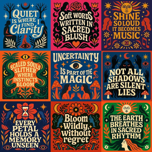 Example output from the Folk Art Quote Poster Designs ChatGPT prompt: bold folk-psychedelic posters with hand-lettered quotes, vivid triadic color palettes, mystical symbols, and organic patterns.