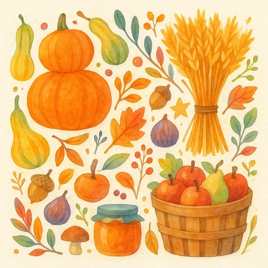 Example output from the Folk Art Watercolor Collages ChatGPT prompt: Autumnal.
