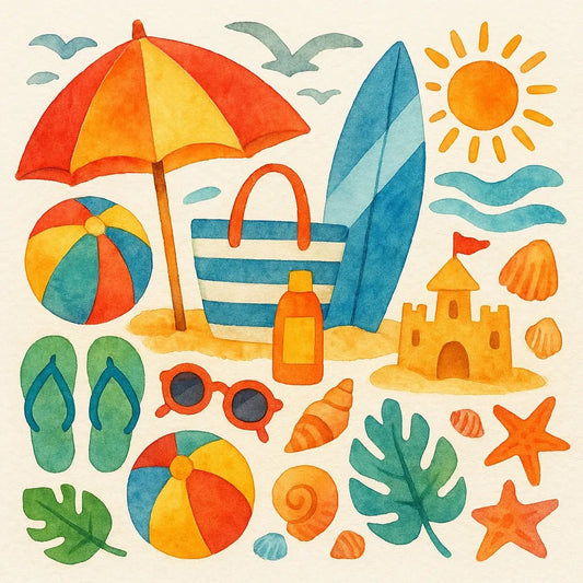 Example output from the Folk Art Watercolor Collages ChatGPT prompt: Beach.