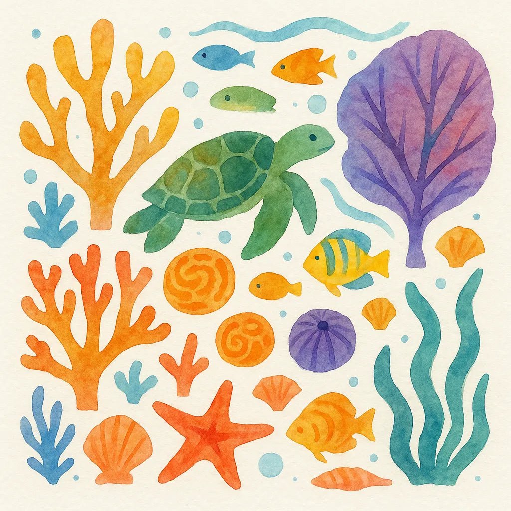 Example output from the Folk Art Watercolor Collages ChatGPT prompt: Coral Reef.