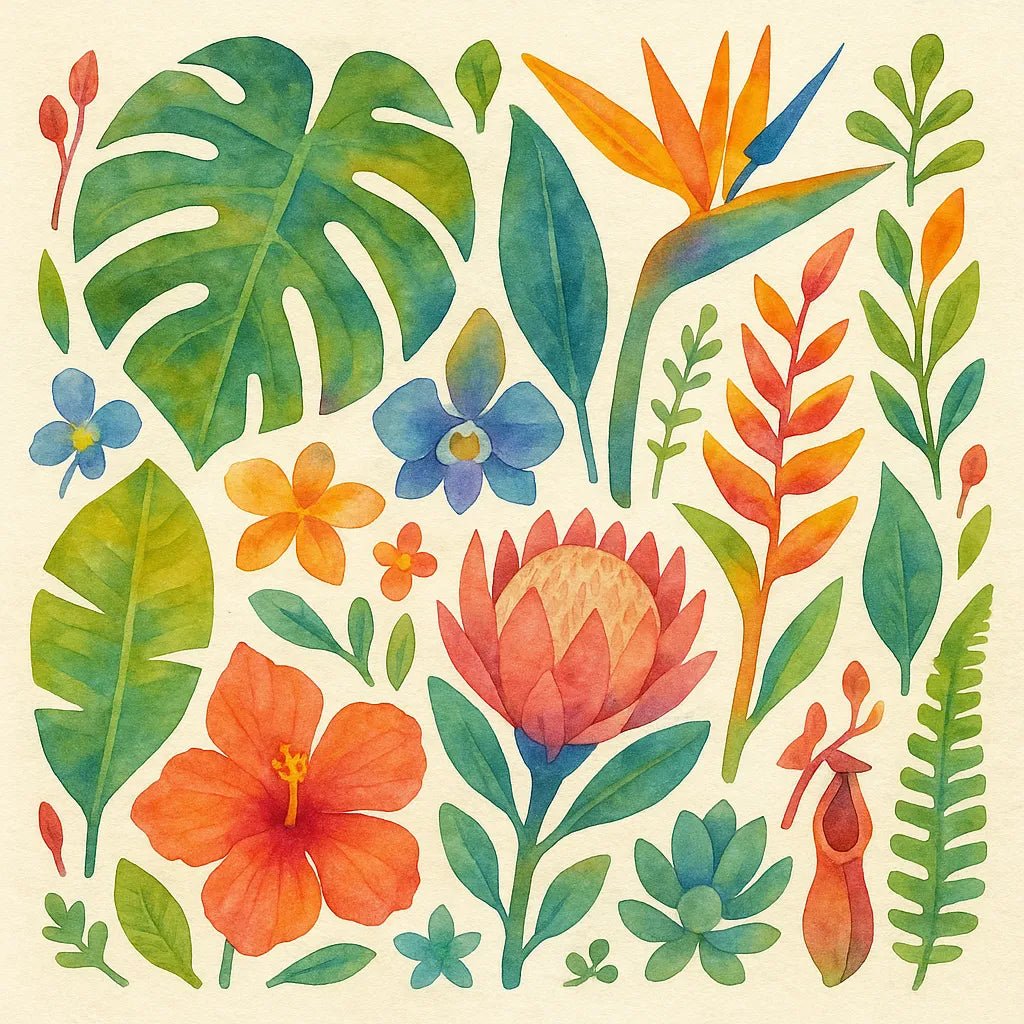 Example output from the Folk Art Watercolor Collages ChatGPT prompt: Plants.