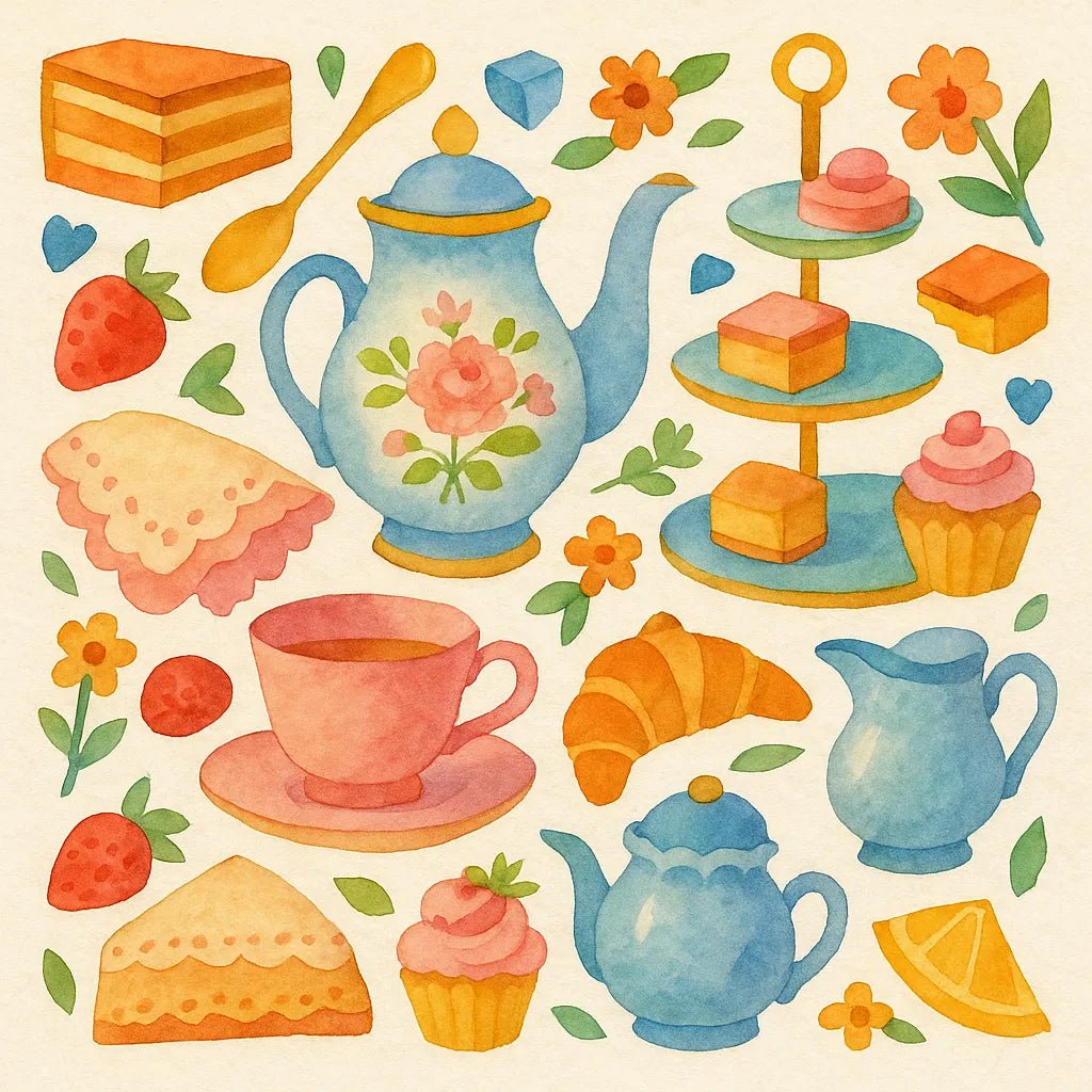Example output from the Folk Art Watercolor Collages ChatGPT prompt: Tea Party.