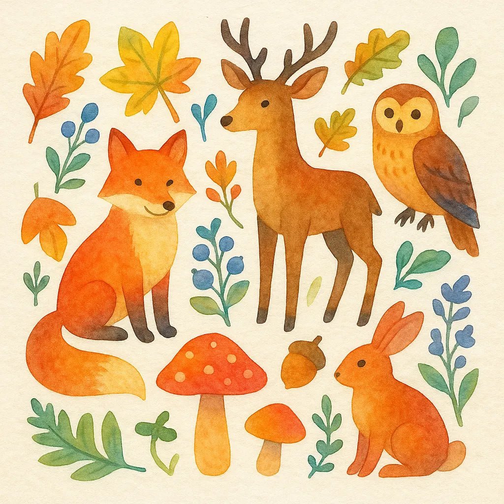 Example output from the Folk Art Watercolor Collages ChatGPT prompt: Woodland.