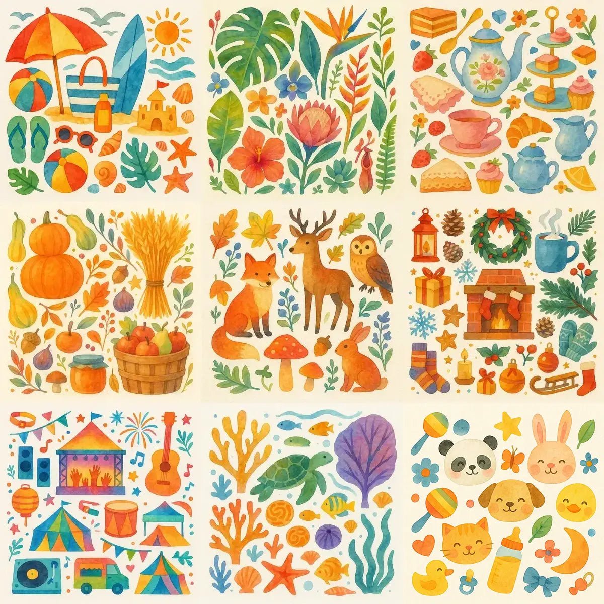 Example output from the Folk Art Watercolor Collages ChatGPT prompt: seasonal folk art collages, featuring translucent watercolor textures, soft paper edges, warm-cool color palettes, and charming hand-cut illustrations of animals, florals, and objects.