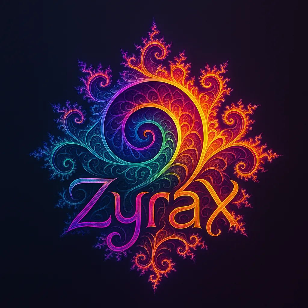 Example output of fractal-style logo generated by a ChatGPT prompt template. Zyrax.