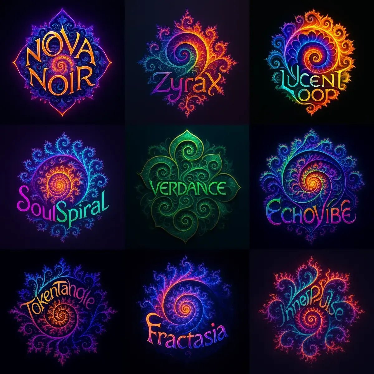 Example output of fractal-style logos generated by a ChatGPT prompt template, showcasing vibrant mandala-like symmetry, glowing high-contrast colors, layered depth, and integrated brand names on a dark background.