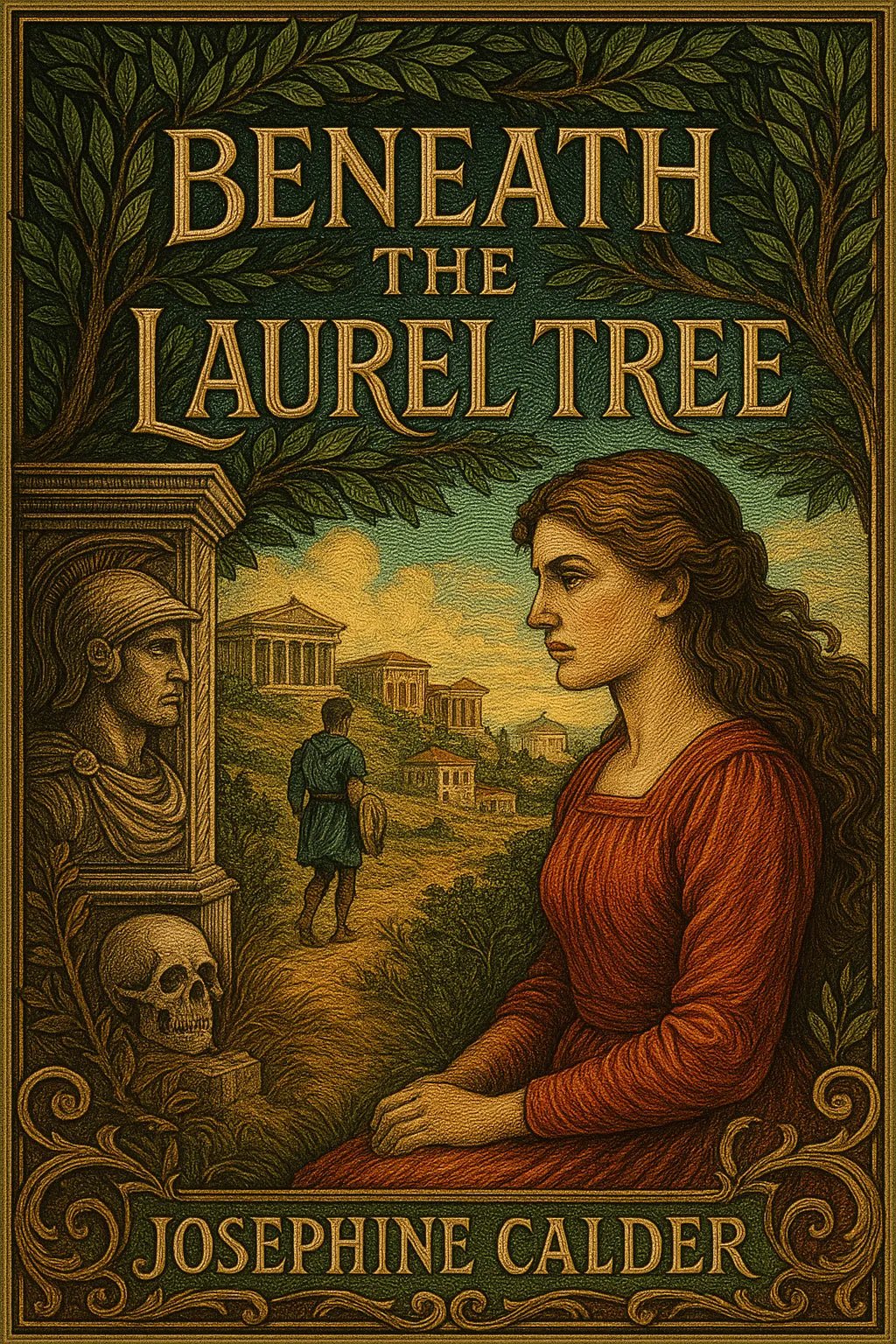 Example output from the Full Color Engraved Book Covers ChatGPT prompt: richly illustrated book covers. Beneath the Laurel Tree.