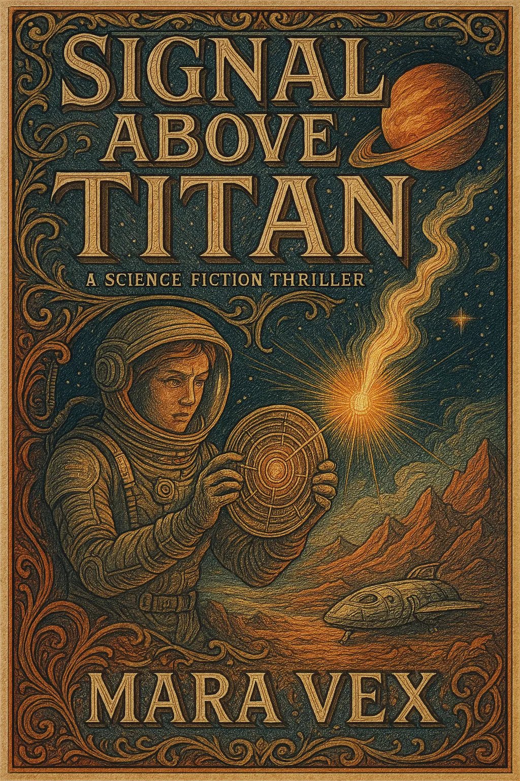Example output from the Full Color Engraved Book Covers ChatGPT prompt: richly illustrated book covers. Signal Above Titan.