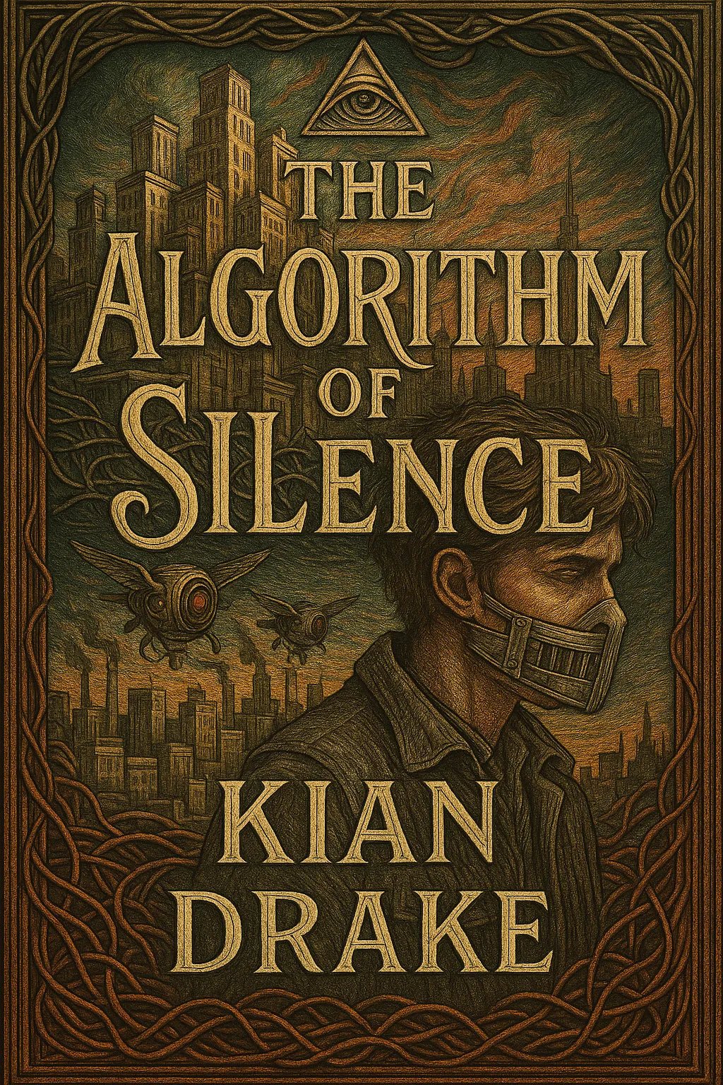 Example output from the Full Color Engraved Book Covers ChatGPT prompt: richly illustrated book covers. The Algorithm of Silence.