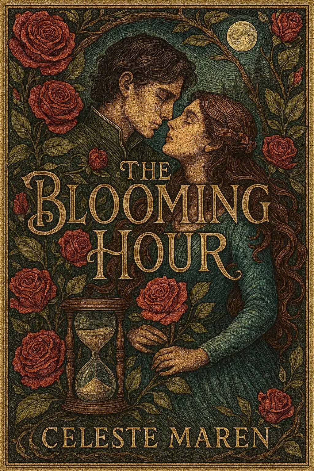 Example output from the Full Color Engraved Book Covers ChatGPT prompt: richly illustrated book covers. The Blooming Hour.