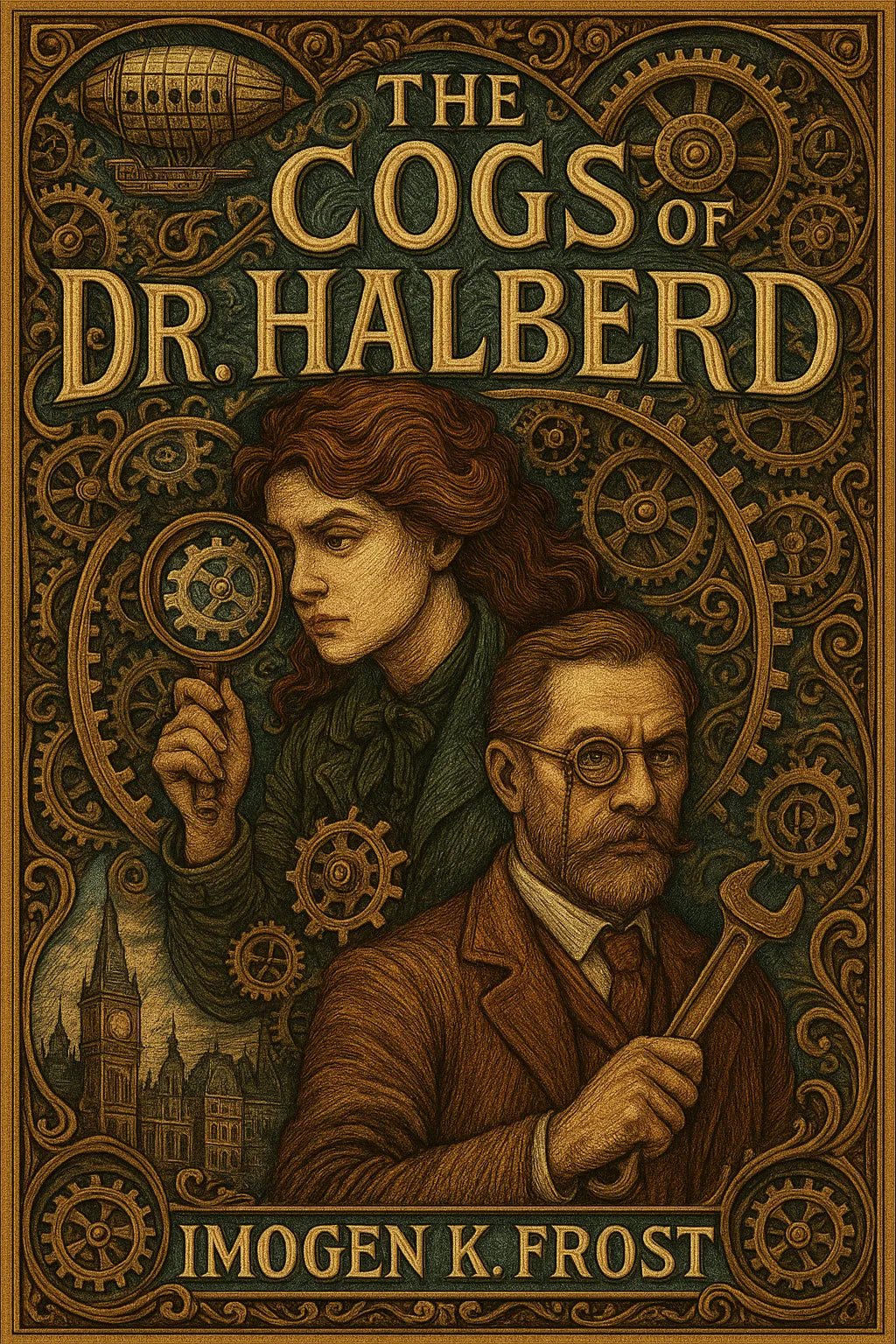 Example output from the Full Color Engraved Book Covers ChatGPT prompt: richly illustrated book covers. The Cogs of Dr. Halberd.
