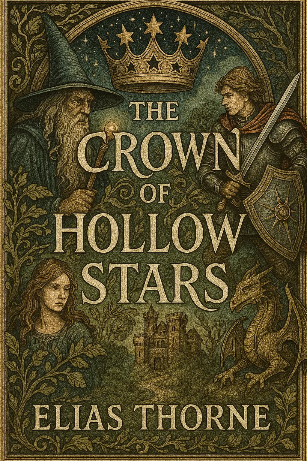 Example output from the Full Color Engraved Book Covers ChatGPT prompt: richly illustrated book covers. The Crown of Hollow Stars.