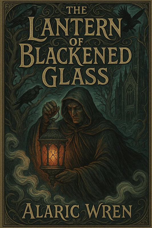 Example output from the Full Color Engraved Book Covers ChatGPT prompt: richly illustrated book covers. The Lantern of Blackened Glass.