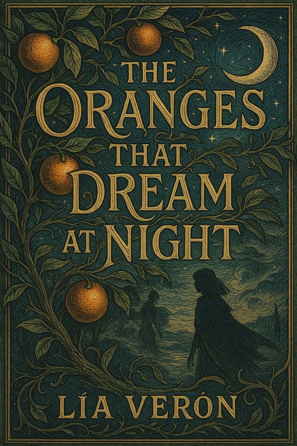 Example output from the Full Color Engraved Book Covers ChatGPT prompt: richly illustrated book covers. The Oranges that Dream at Night.