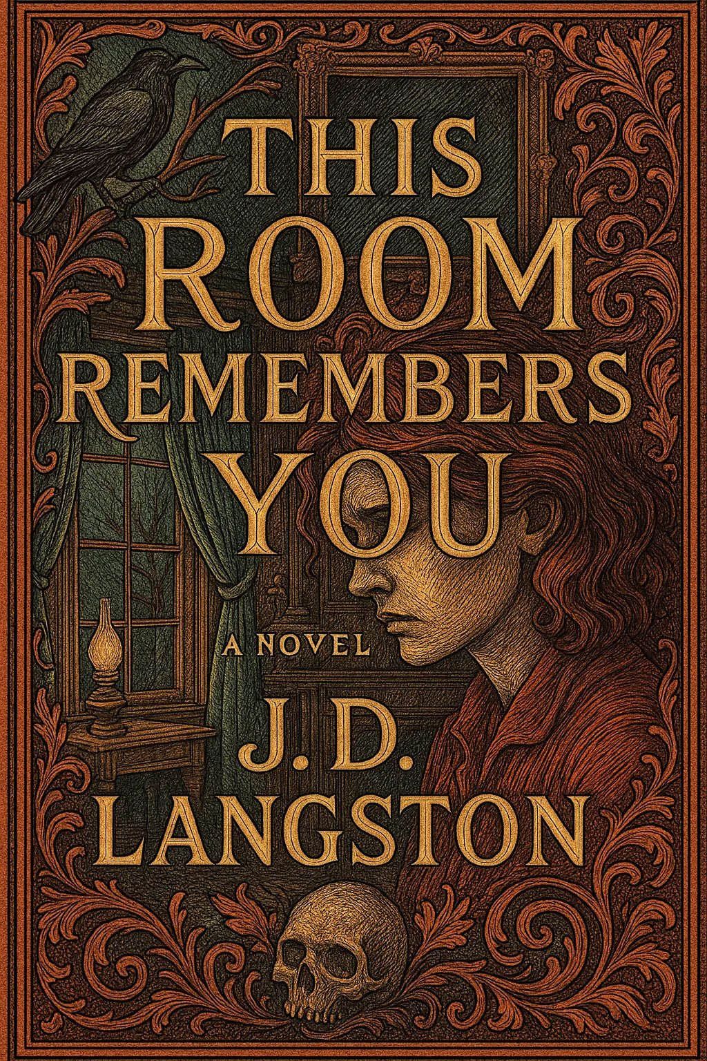 Example output from the Full Color Engraved Book Covers ChatGPT prompt: richly illustrated book covers. This Room Remembers You.