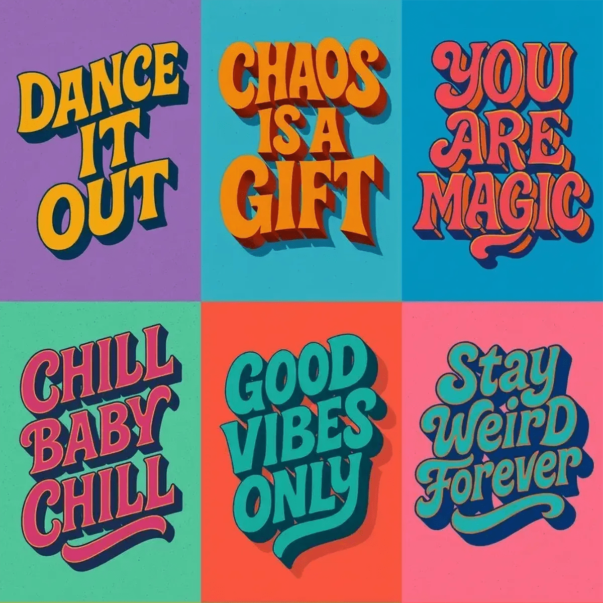 Example output from the Funky 3D Lettering Quote Posters ChatGPT prompt: vibrant quote designs with chunky vintage fonts, deep shadows, bold colors, and layered 3D effects in portrait format.