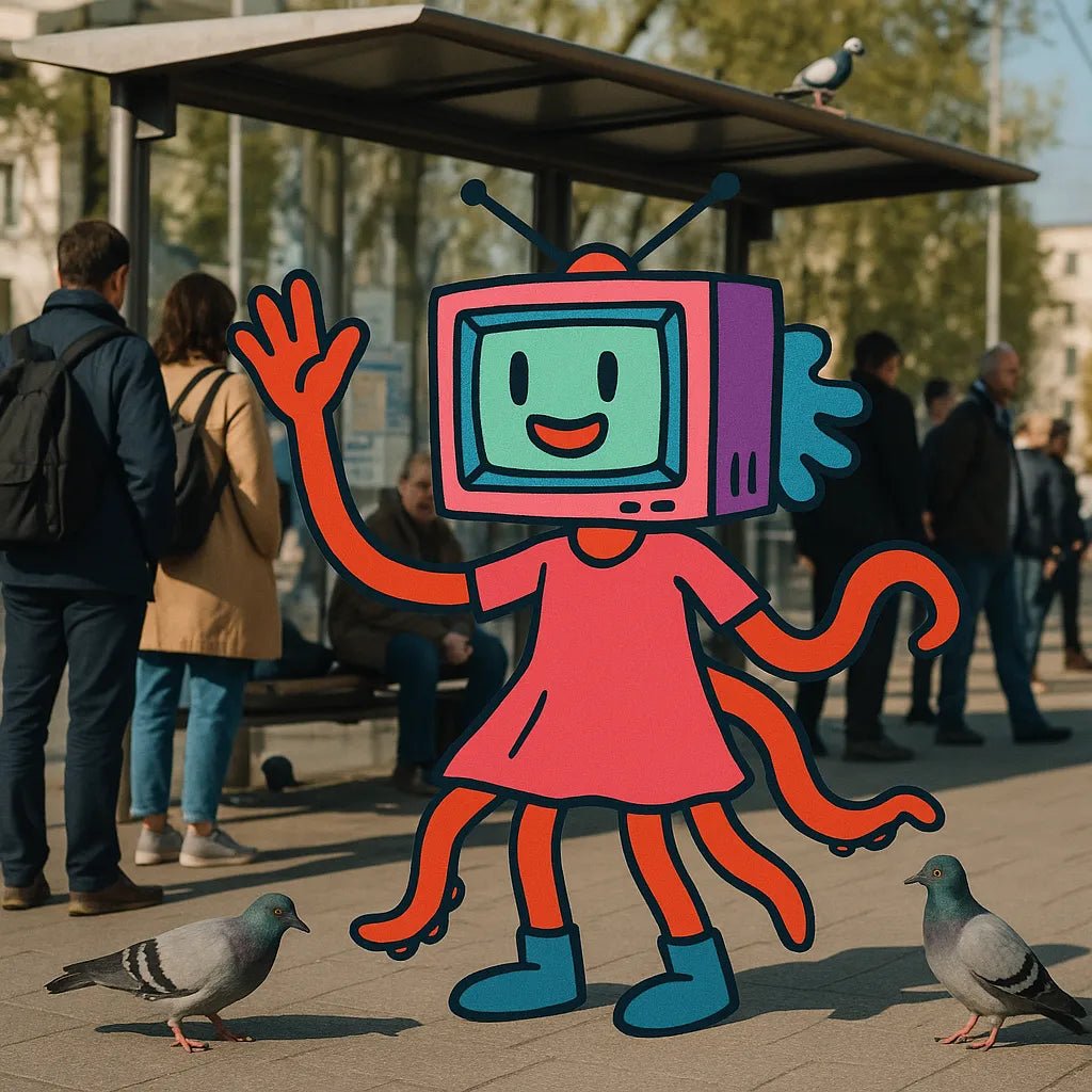 Example output from the Funky Cartoons In Real Photos ChatGPT prompt: 2D cartoon characters integrated into real photos. Preview 9.