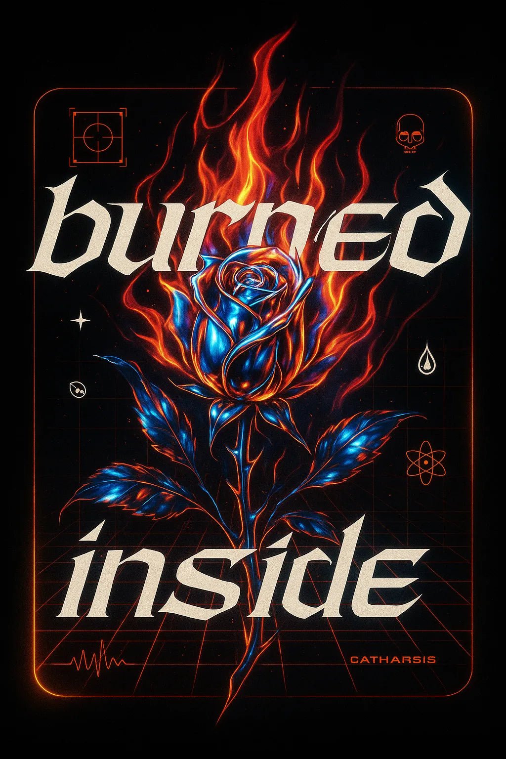 Example output from the Futuristic Chrome T-Shirt Designer ChatGPT prompt: Burned Inside.