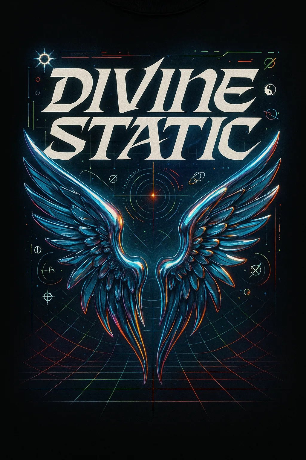 Example output from the Futuristic Chrome T-Shirt Designer ChatGPT prompt: Divine Static.