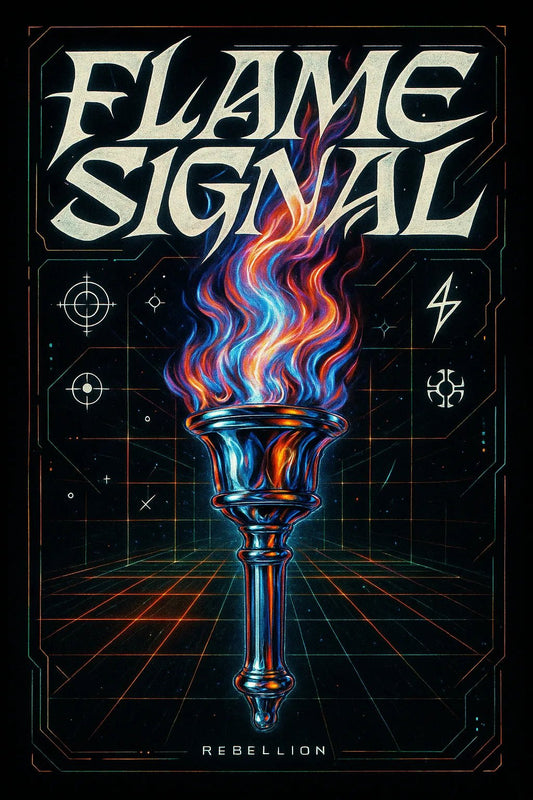 Example output from the Futuristic Chrome T-Shirt Designer ChatGPT prompt: Flame Signal.