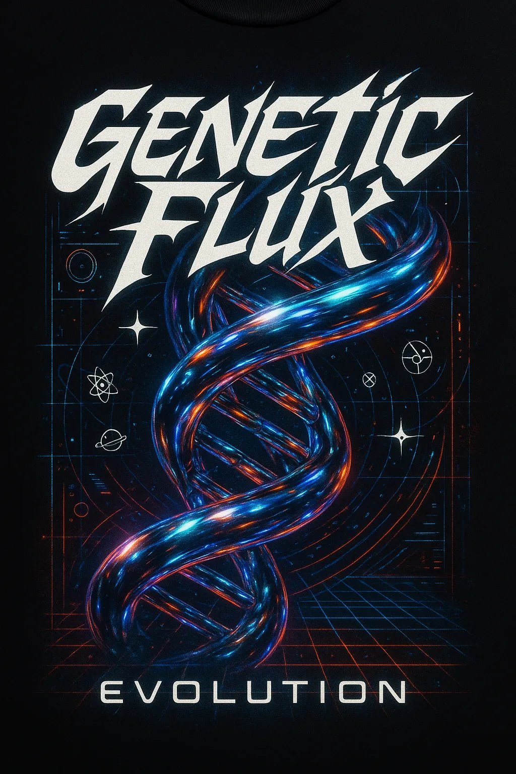 Example output from the Futuristic Chrome T-Shirt Designer ChatGPT prompt: Genetic Flux.