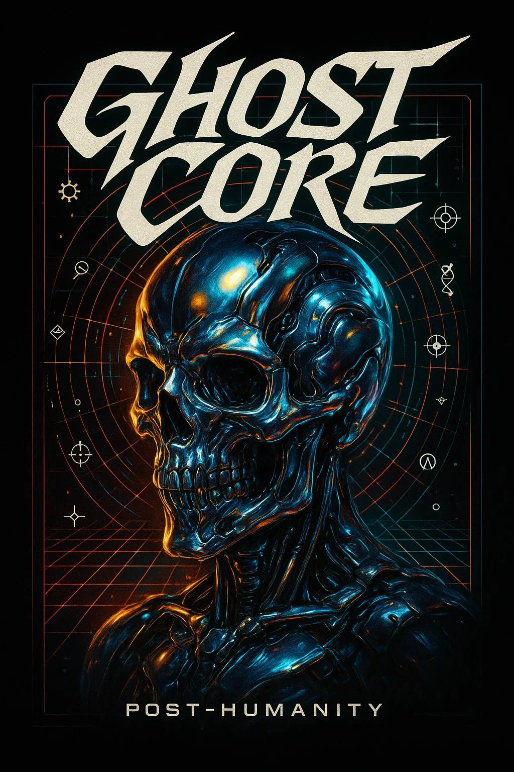 Example output from the Futuristic Chrome T-Shirt Designer ChatGPT prompt: Ghost Core.