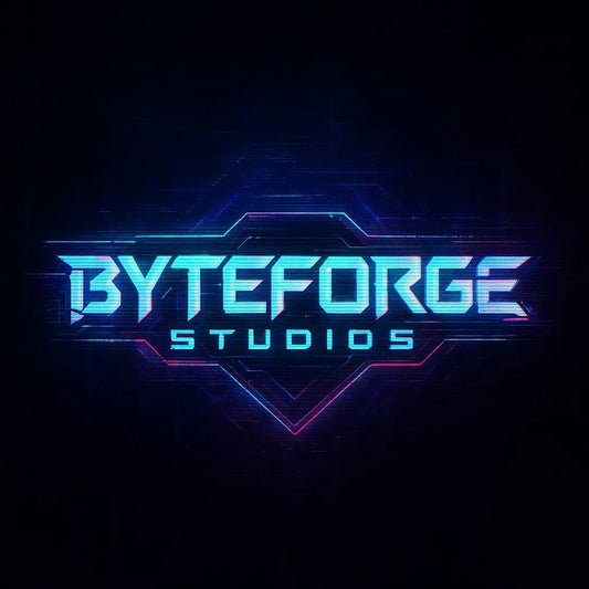 Example output of futuristic glitch-style logos generated by a ChatGPT prompt template. ByteForge.