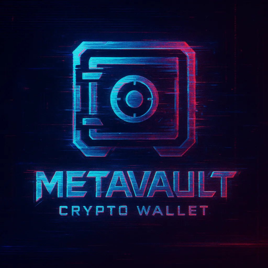 Example output of futuristic glitch-style logos generated by a ChatGPT prompt template. MetaVault.