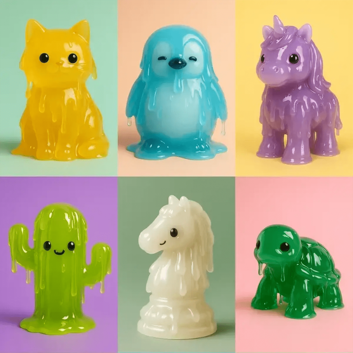 Example output from the Gelatin Kawaii Art Generator ChatGPT prompt: translucent figurines of cats, penguins, unicorns, and turtles with glossy drips, soft pastel backgrounds, and a cute, playful vibe ideal for digital art or collectibles.