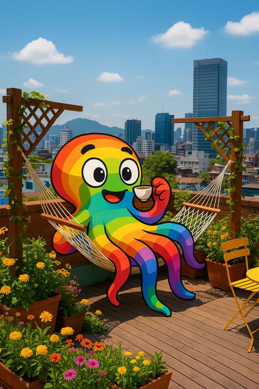 Example output from the Giant 2D Characters In Real Scenes ChatGPT prompt: colorful cartoon-style characters interacting with real-life DSLR photo backdrops. Rainbow Octopus.