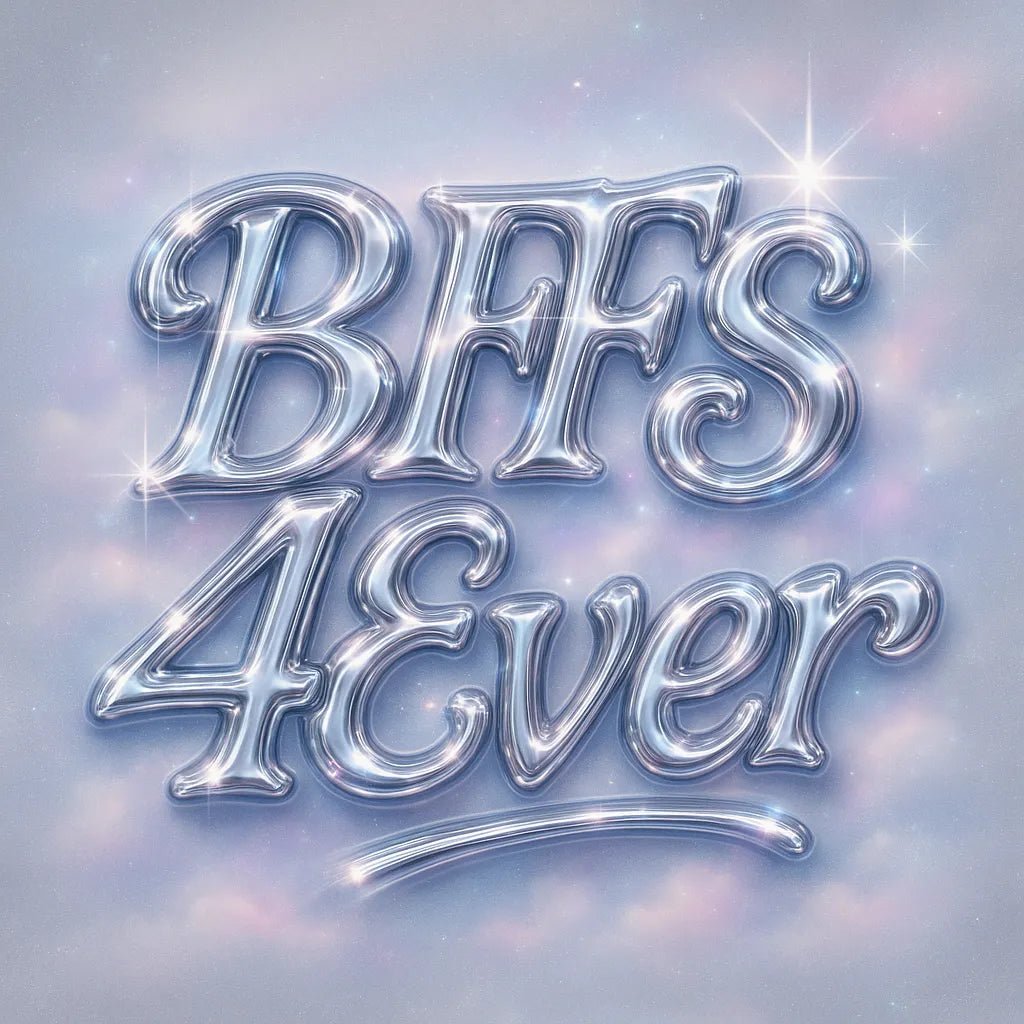 Example output from the Glam Pop Chrome Text Logo ChatGPT prompt: bubble-style chrome lettering with sparkles, soft glows, and Y2K glam over customizable pastel and patterned backgrounds for trendy visual branding. BFFs 4Ever.