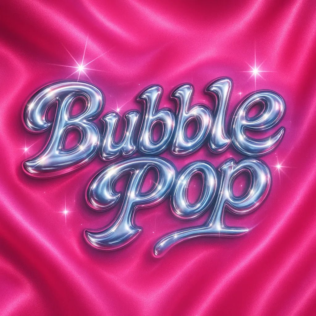 Example output from the Glam Pop Chrome Text Logo ChatGPT prompt: bubble-style chrome lettering with sparkles, soft glows, and Y2K glam over customizable pastel and patterned backgrounds for trendy visual branding. Bubble Pop.