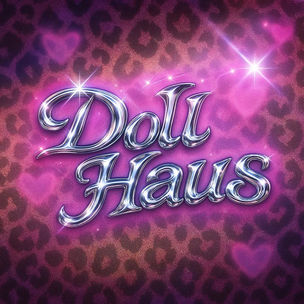 Example output from the Glam Pop Chrome Text Logo ChatGPT prompt: bubble-style chrome lettering with sparkles, soft glows, and Y2K glam over customizable pastel and patterned backgrounds for trendy visual branding. Doll Haus.