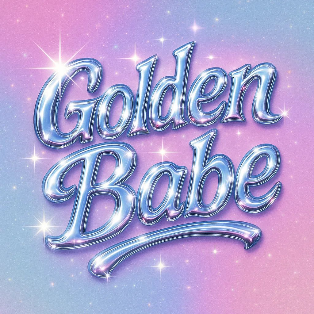 Example output from the Glam Pop Chrome Text Logo ChatGPT prompt: bubble-style chrome lettering with sparkles, soft glows, and Y2K glam over customizable pastel and patterned backgrounds for trendy visual branding. Golden Babe.