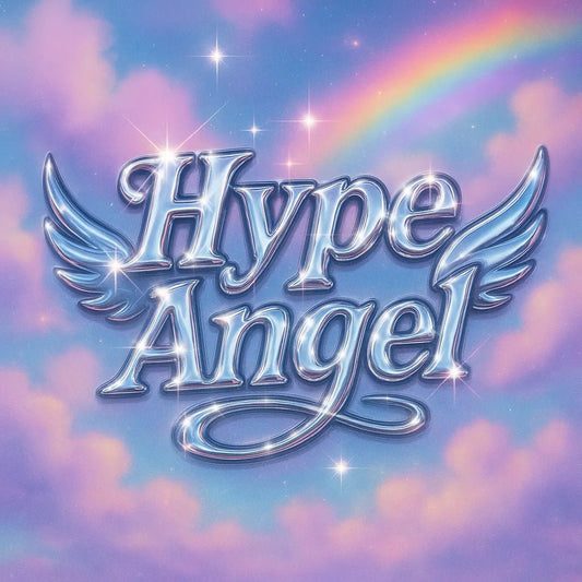 Example output from the Glam Pop Chrome Text Logo ChatGPT prompt: bubble-style chrome lettering with sparkles, soft glows, and Y2K glam over customizable pastel and patterned backgrounds for trendy visual branding. Hype Angel.