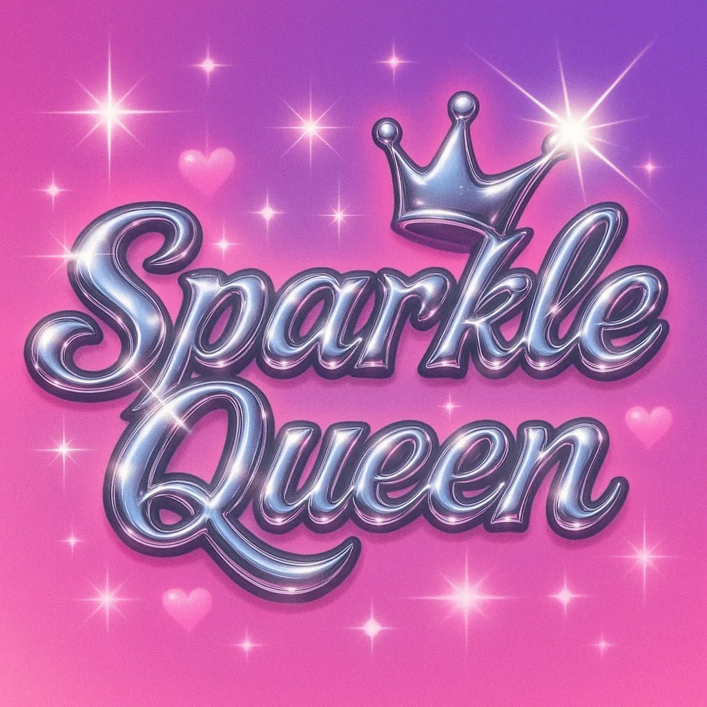 Example output from the Glam Pop Chrome Text Logo ChatGPT prompt: bubble-style chrome lettering with sparkles, soft glows, and Y2K glam over customizable pastel and patterned backgrounds for trendy visual branding. Sparkle Queen.