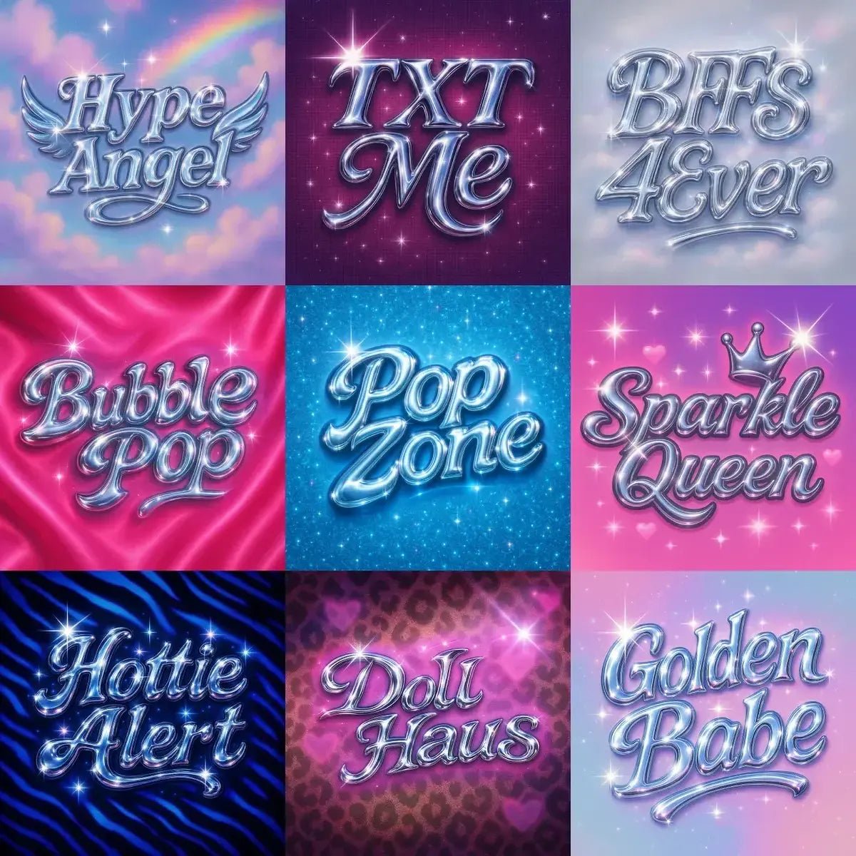 Example output from the Glam Pop Chrome Text Logo ChatGPT prompt: bubble-style chrome lettering with sparkles, soft glows, and Y2K glam over customizable pastel and patterned backgrounds for trendy visual branding.