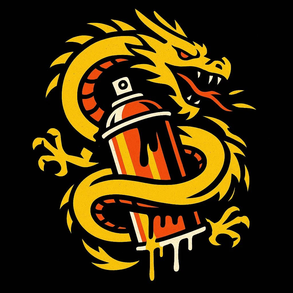 Example output from the Graffiti Style T Shirt Graphics ChatGPT prompt: bold streetwear-ready graphics on black backgrounds. Dragoon.