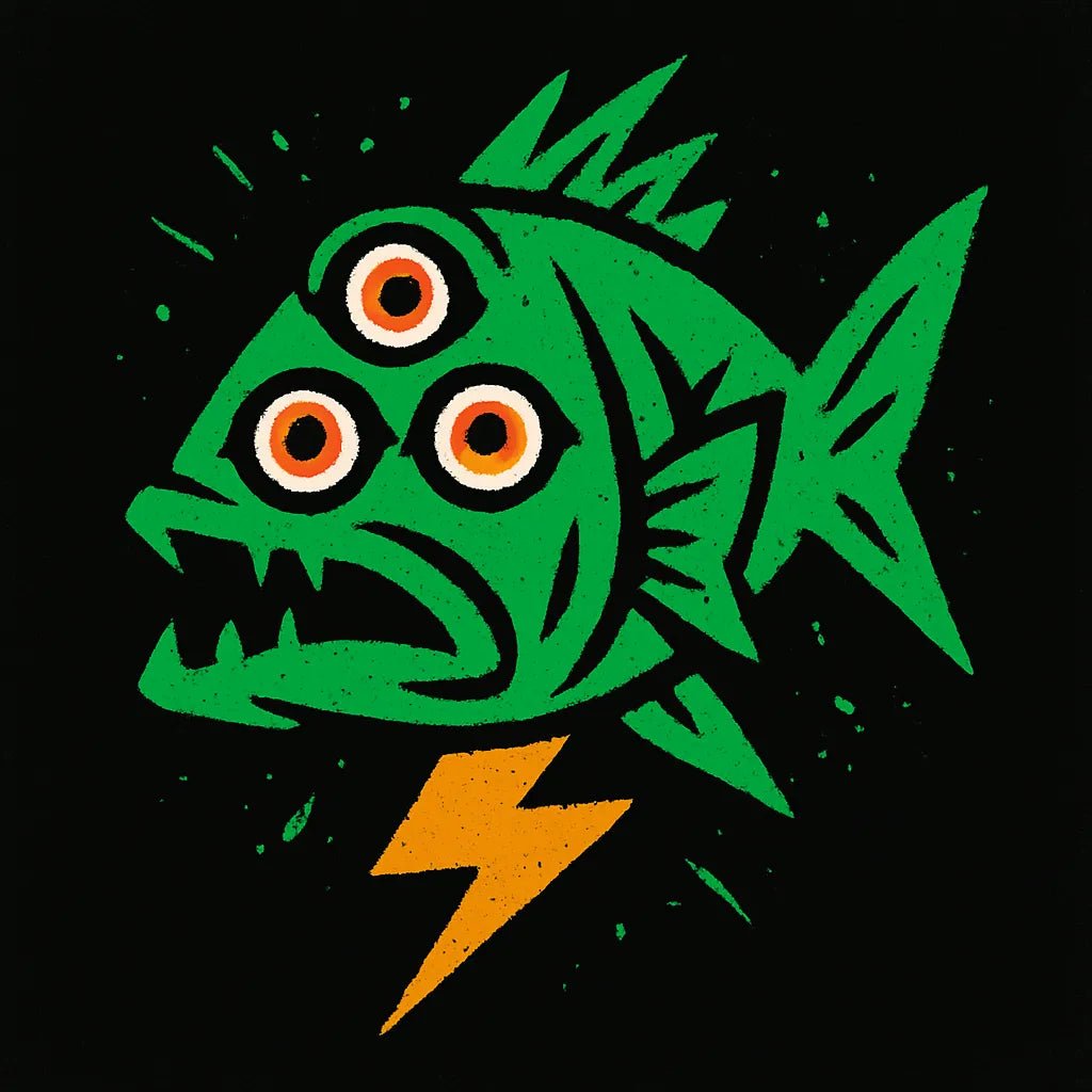 Example output from the Graffiti Style T Shirt Graphics ChatGPT prompt: bold streetwear-ready graphics on black backgrounds. Fish.