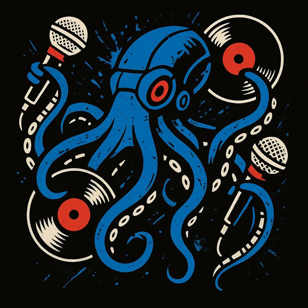 Example output from the Graffiti Style T Shirt Graphics ChatGPT prompt: bold streetwear-ready graphics on black backgrounds. Octopus.