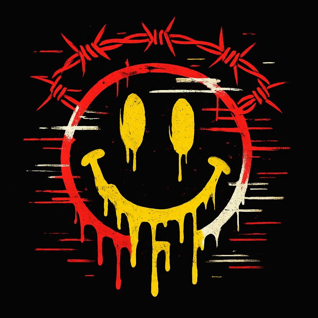 Example output from the Graffiti Style T Shirt Graphics ChatGPT prompt: bold streetwear-ready graphics on black backgrounds. Smiley Face.