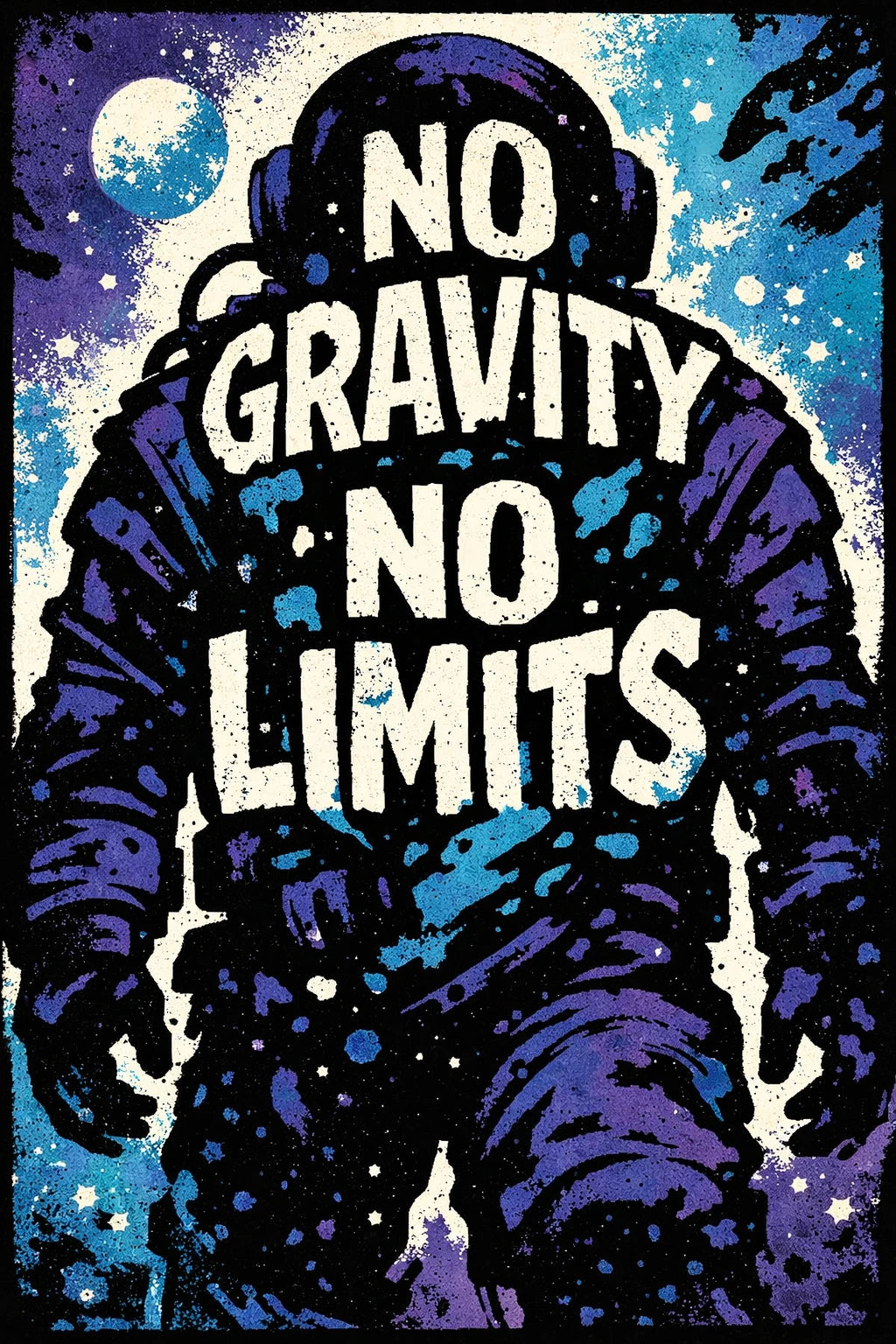 Example output from the Graphic Silhouette Typography Posters ChatGPT prompt: a poster reading No Gravity No Limits with typography carved inside a bold silhouette, in flat colors with screenprint texture.