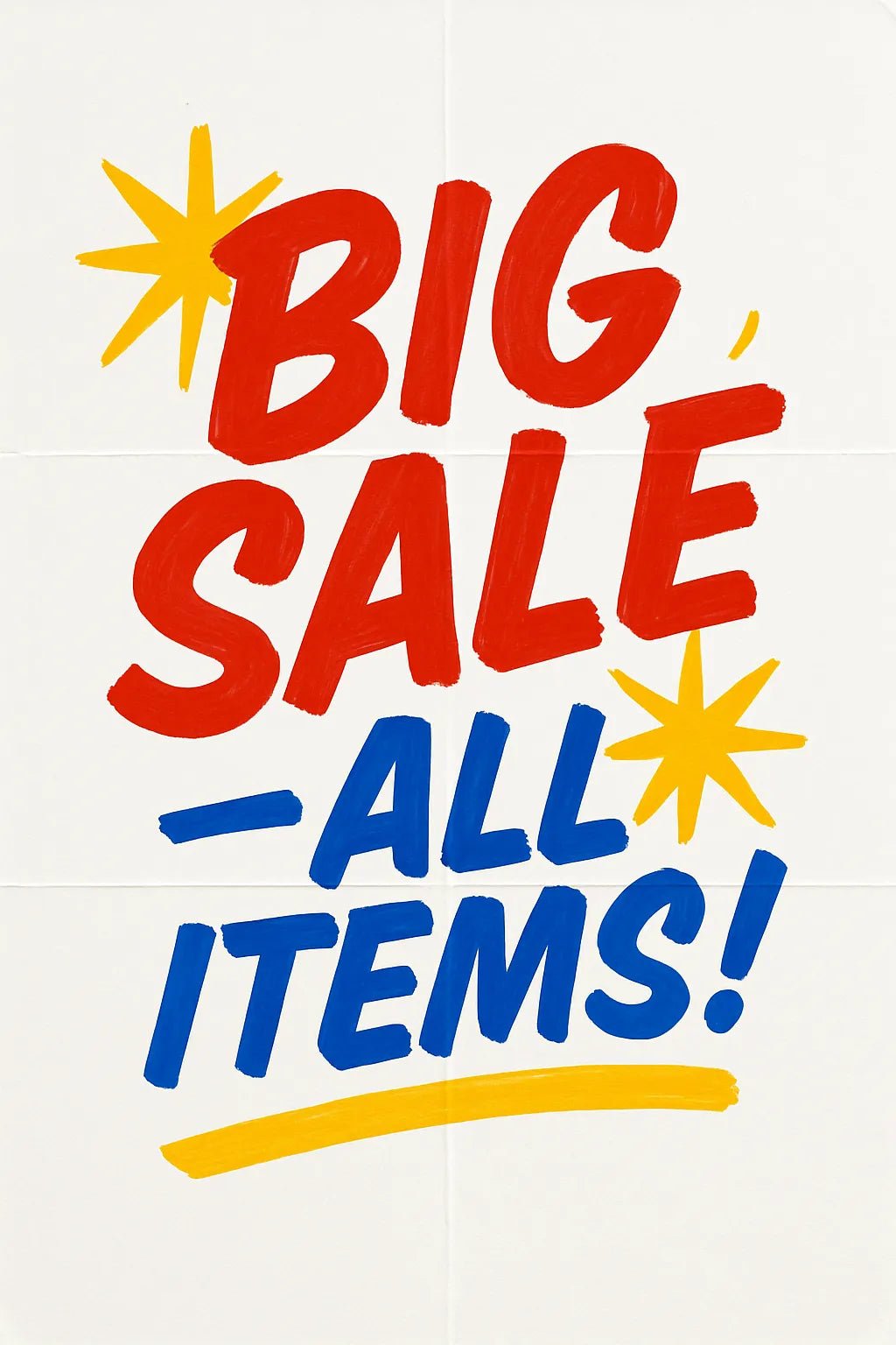 Example output of six hand-lettered bold retro poster texts generated by a ChatGPT prompt template. Big Sale All Items.