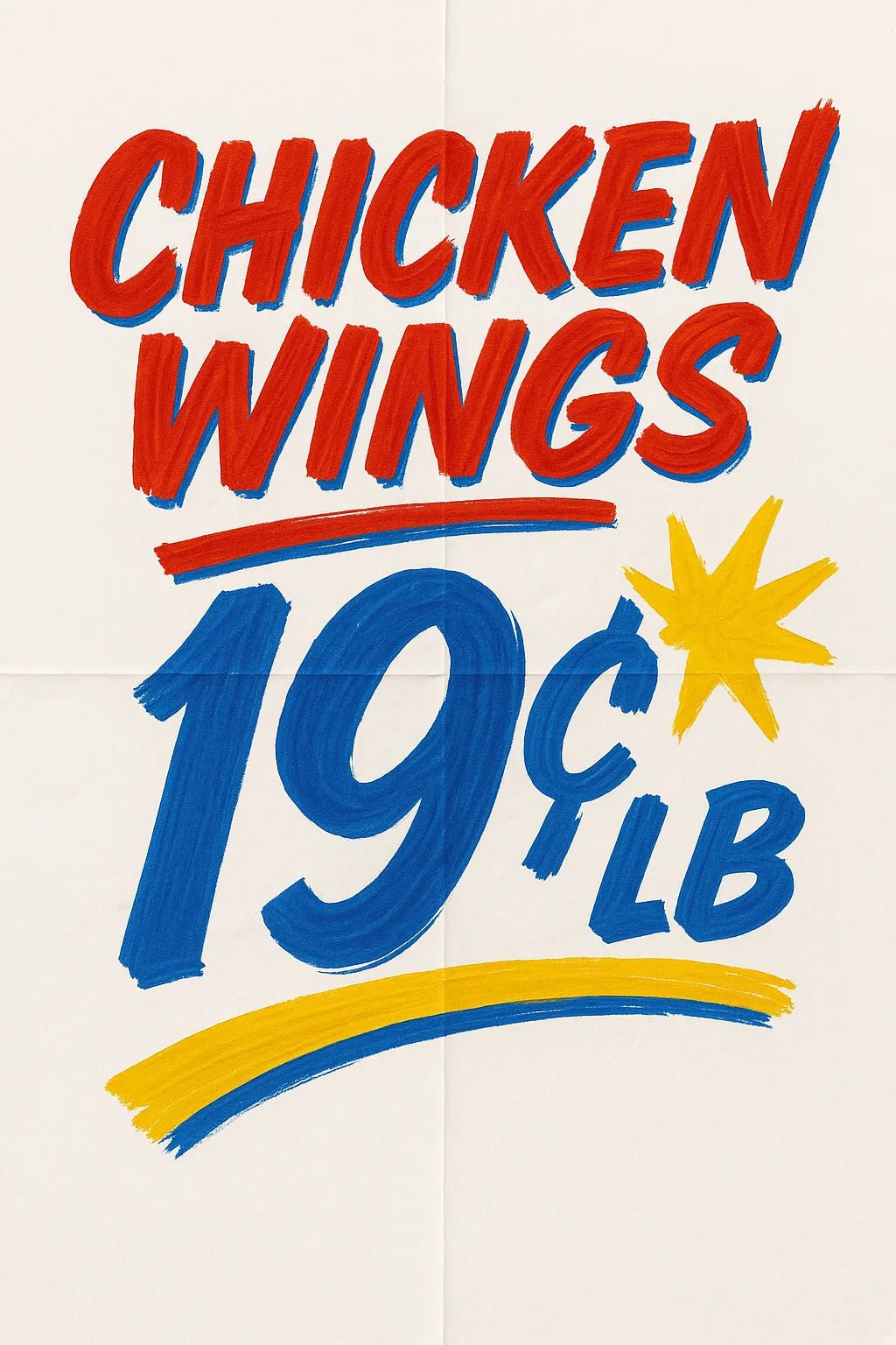 Example output of six hand-lettered bold retro poster texts generated by a ChatGPT prompt template. Chicken Wings 19c/lb.
