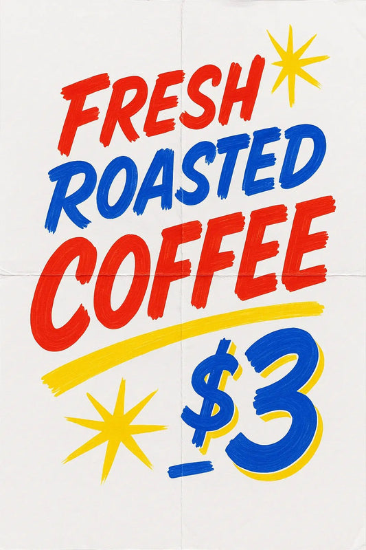 Example output of six hand-lettered bold retro poster texts generated by a ChatGPT prompt template. Fresh Roasted Coffee $3.