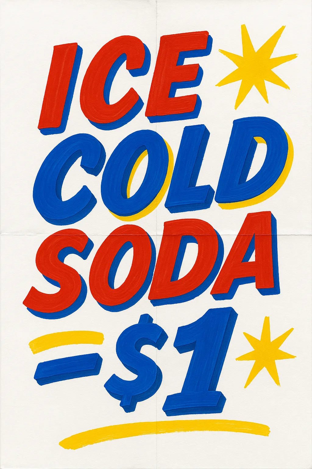 Example output of six hand-lettered bold retro poster texts generated by a ChatGPT prompt template. Ice Cold Soda $1.