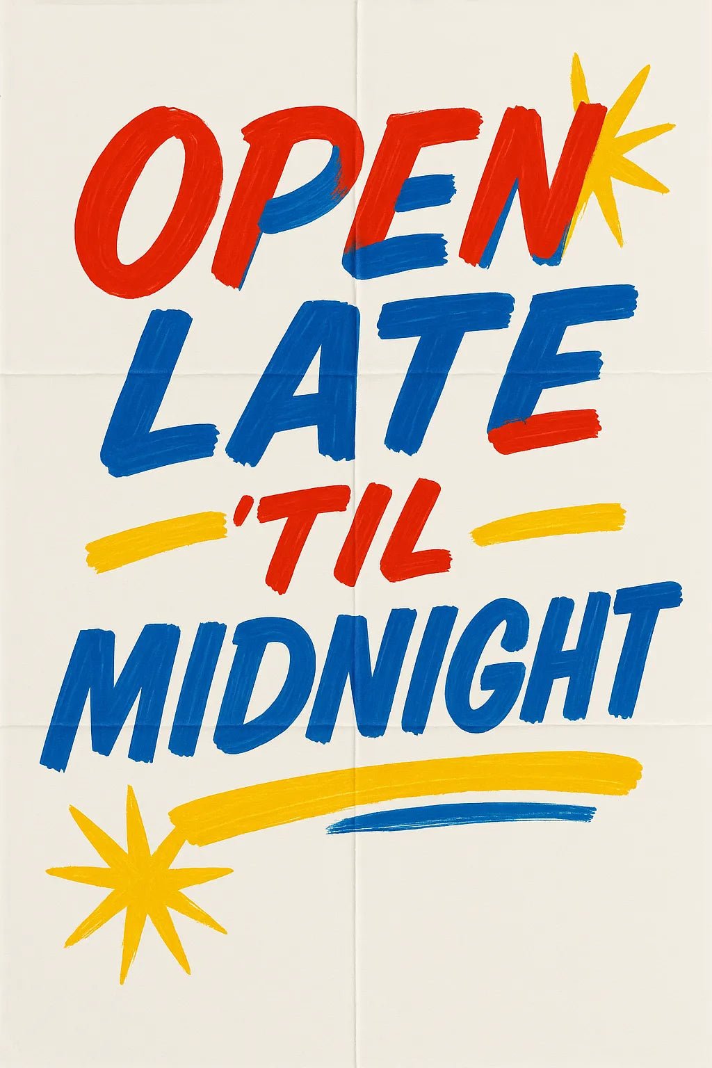 Example output of six hand-lettered bold retro poster texts generated by a ChatGPT prompt template. Open Late Til Midnight.