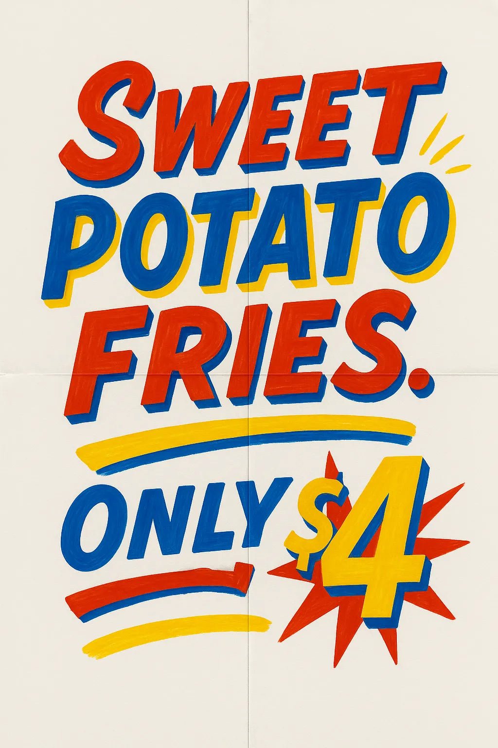 Example output of six hand-lettered bold retro poster texts generated by a ChatGPT prompt template. Sweet Potato Fries. Only $4.