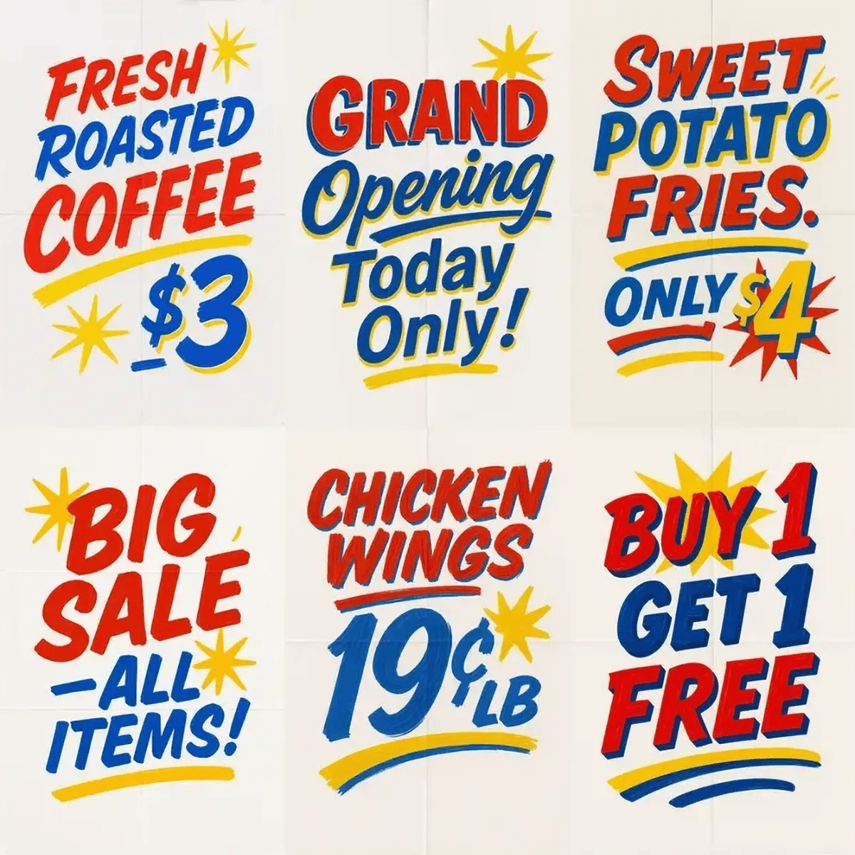 Example output of six hand-lettered bold retro poster texts generated by a ChatGPT prompt template, featuring high-contrast red, blue, and yellow painted lettering, dynamic starbursts, and a vertical layout ideal for market stalls, food promotions, and grand openings.