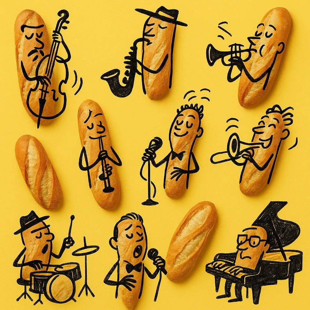 Example output from the Hand Drawn Doodles On Real Products ChatGPT prompt: photorealistic objects like food or tools transformed into charming characters using sketched doodles and bold, flat-color backgrounds. Baguette.
